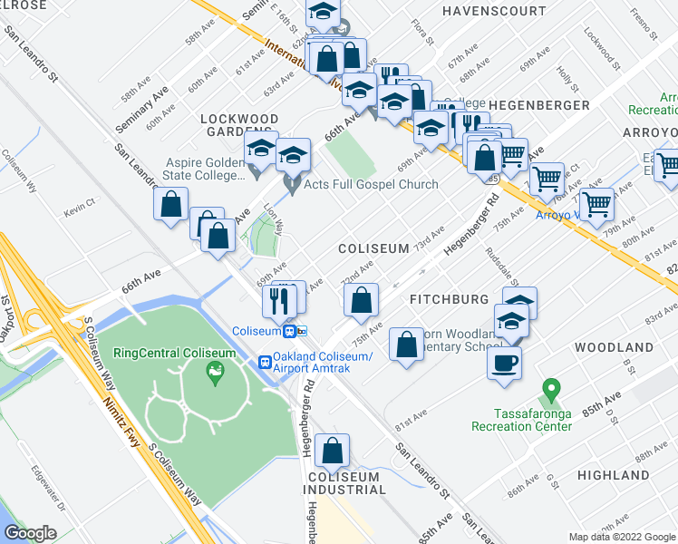 map of restaurants, bars, coffee shops, grocery stores, and more near 924 71st Avenue in Oakland
