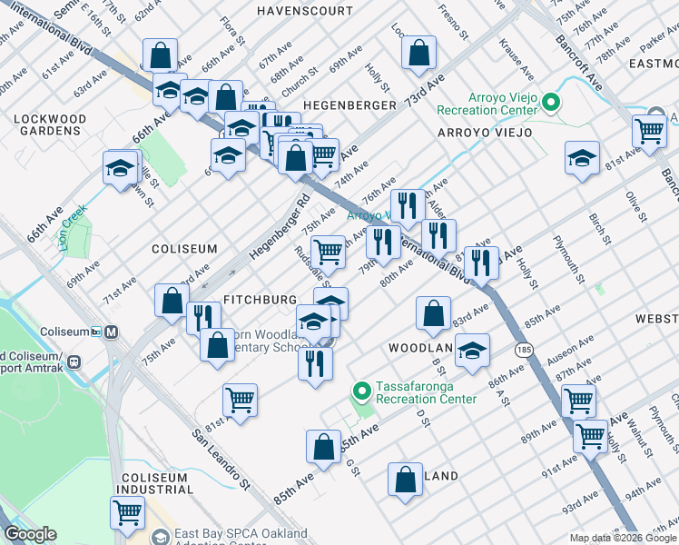 map of restaurants, bars, coffee shops, grocery stores, and more near 1232 78th Avenue in Oakland