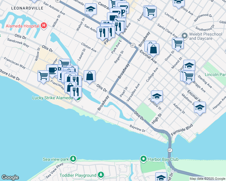map of restaurants, bars, coffee shops, grocery stores, and more near 1034 Broadway in Alameda