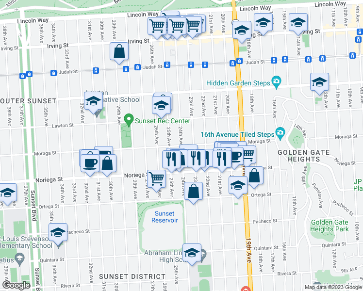 map of restaurants, bars, coffee shops, grocery stores, and more near 24th Ave & Moraga St in San Francisco