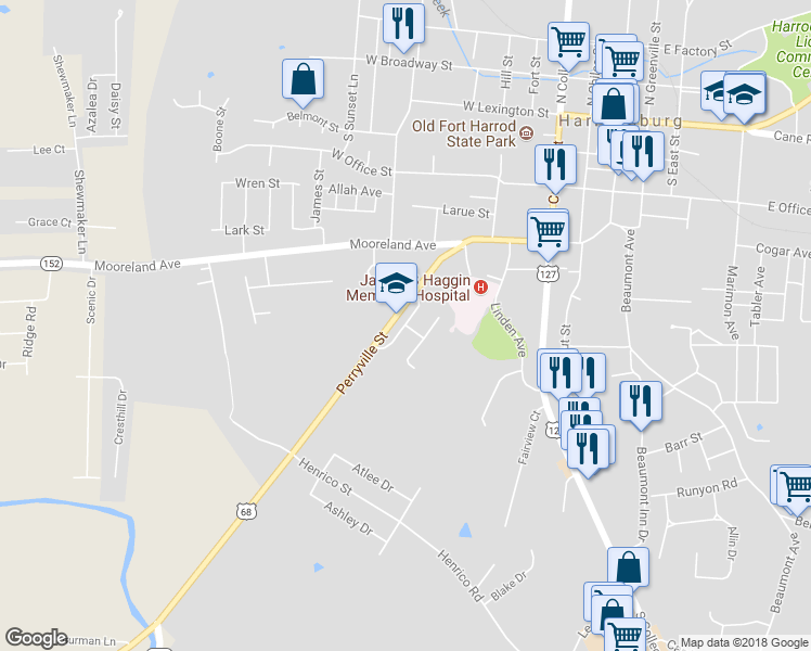 map of restaurants, bars, coffee shops, grocery stores, and more near 401 Grant Street in Harrodsburg