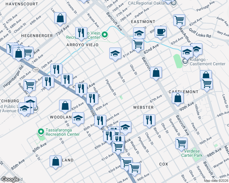 map of restaurants, bars, coffee shops, grocery stores, and more near in Oakland