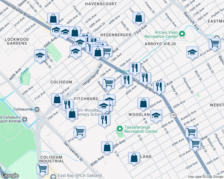 map of restaurants, bars, coffee shops, grocery stores, and more near 1232 78th Avenue in Oakland