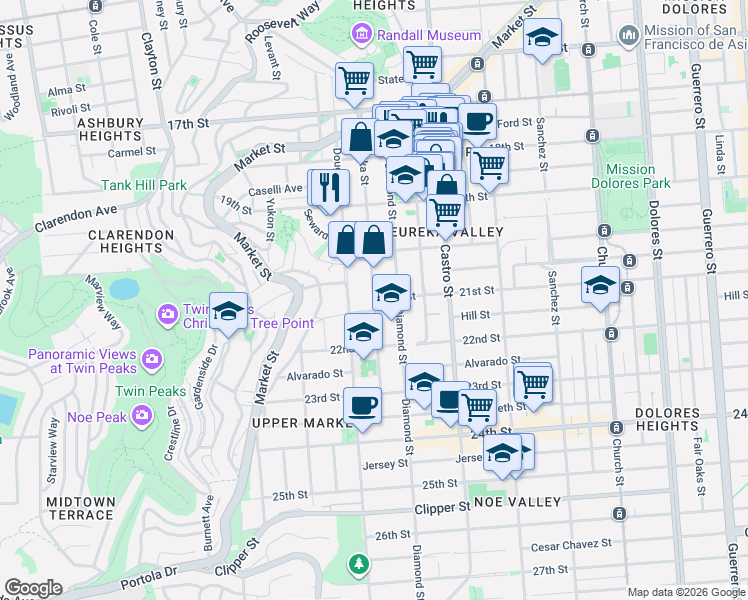 map of restaurants, bars, coffee shops, grocery stores, and more near 21st St & Eureka St in San Francisco