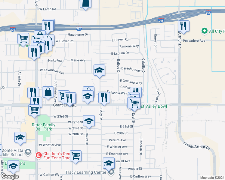 map of restaurants, bars, coffee shops, grocery stores, and more near 101 Portola Way in Tracy