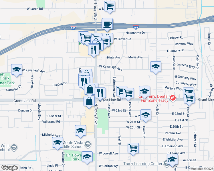 map of restaurants, bars, coffee shops, grocery stores, and more near 2800 North Tracy Boulevard in Tracy