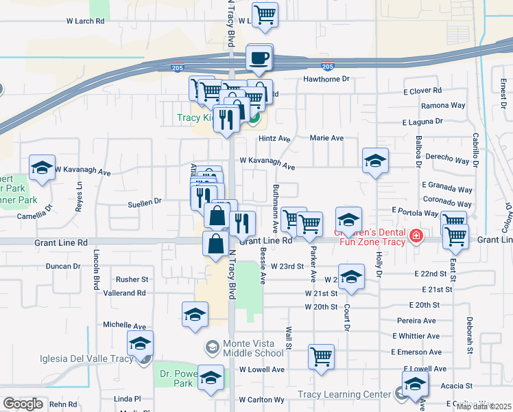 map of restaurants, bars, coffee shops, grocery stores, and more near 2800 North Tracy Boulevard in Tracy