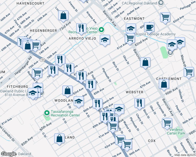 map of restaurants, bars, coffee shops, grocery stores, and more near 1621 83rd Avenue in Oakland