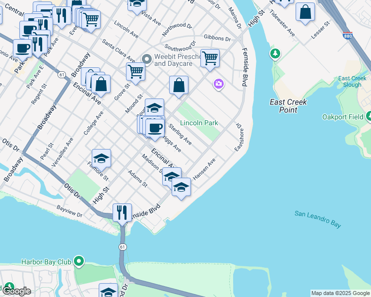 map of restaurants, bars, coffee shops, grocery stores, and more near 3259 Sterling Avenue in Alameda