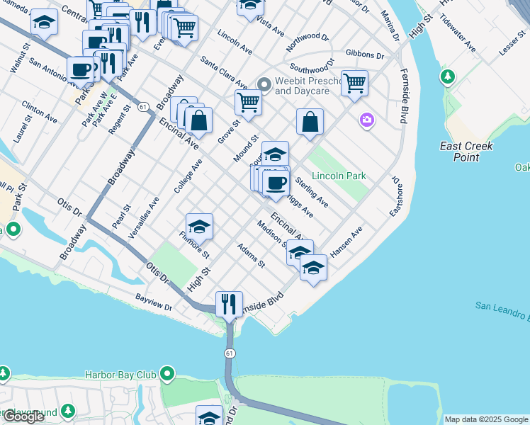 map of restaurants, bars, coffee shops, grocery stores, and more near 3211 Encinal Avenue in Alameda