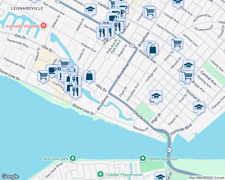 map of restaurants, bars, coffee shops, grocery stores, and more near 1034 Broadway in Alameda