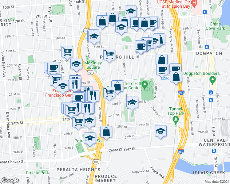 map of restaurants, bars, coffee shops, grocery stores, and more near 1013 Rhode Island Street in San Francisco