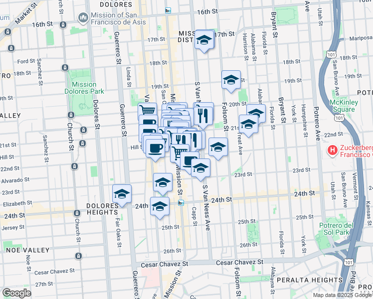 map of restaurants, bars, coffee shops, grocery stores, and more near 628 Capp Street in San Francisco