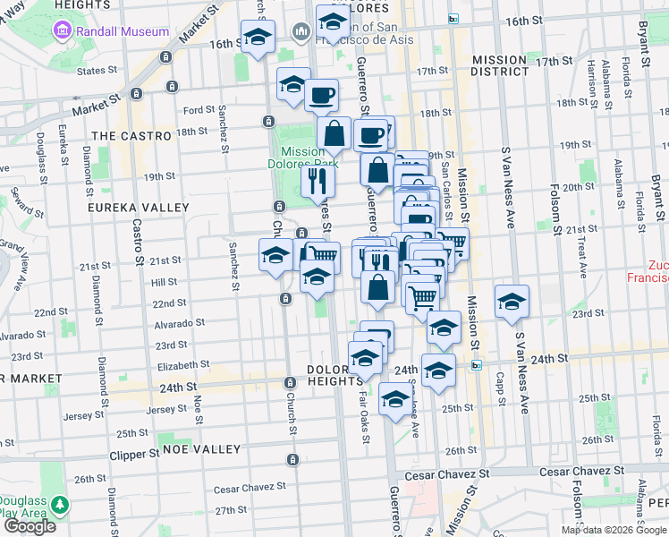 map of restaurants, bars, coffee shops, grocery stores, and more near 807 Dolores Street in San Francisco