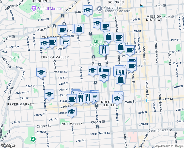 map of restaurants, bars, coffee shops, grocery stores, and more near 3615 21st Street in San Francisco