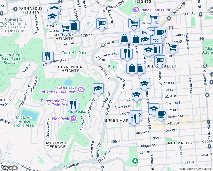 map of restaurants, bars, coffee shops, grocery stores, and more near 642 Corbett Avenue in San Francisco