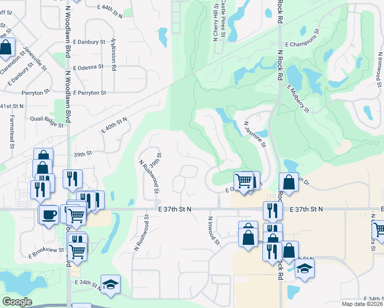 map of restaurants, bars, coffee shops, grocery stores, and more near 7310 East Cedaridge Court in Wichita