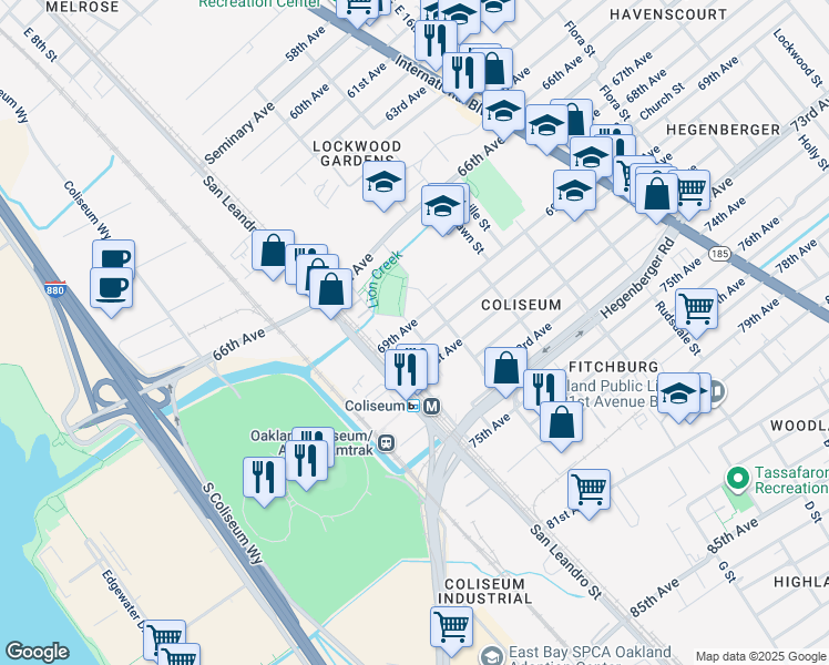 map of restaurants, bars, coffee shops, grocery stores, and more near 6951 Lion Way in Oakland