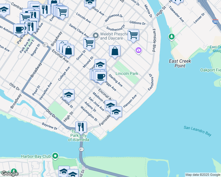map of restaurants, bars, coffee shops, grocery stores, and more near 3240 Briggs Avenue in Alameda