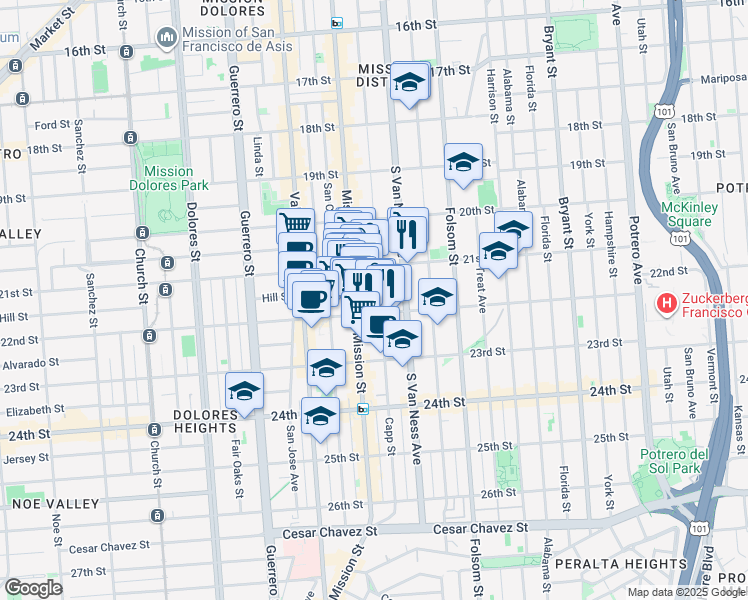 map of restaurants, bars, coffee shops, grocery stores, and more near 628 Capp Street in San Francisco