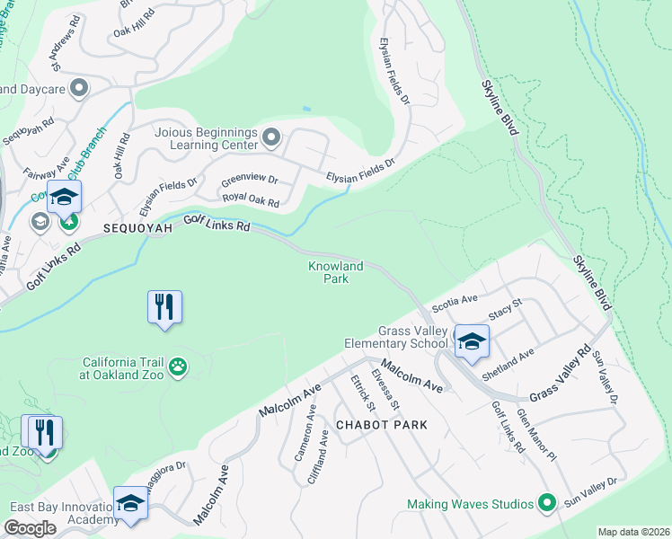 map of restaurants, bars, coffee shops, grocery stores, and more near 9777 Golf Links Road in Oakland