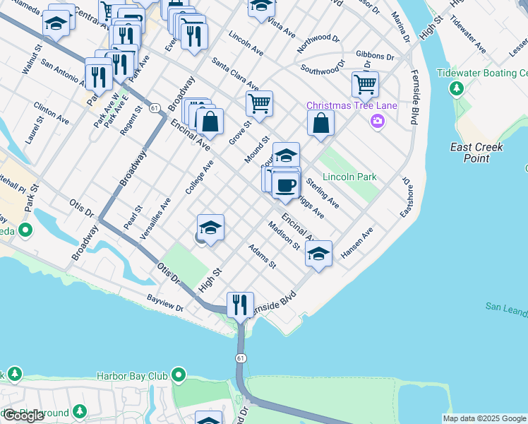 map of restaurants, bars, coffee shops, grocery stores, and more near 1225 High Street in Alameda