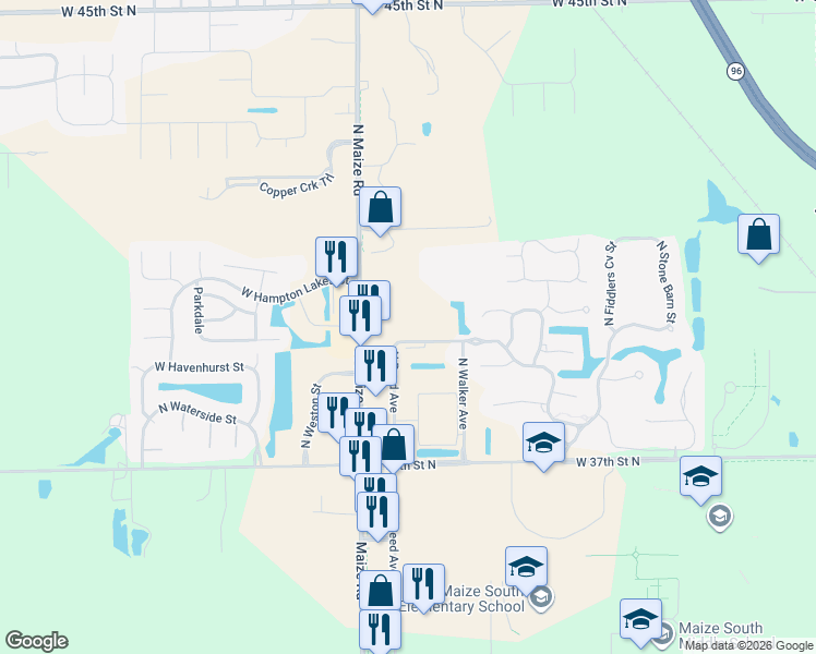 map of restaurants, bars, coffee shops, grocery stores, and more near 4060 Reed Avenue in Maize