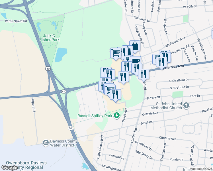 map of restaurants, bars, coffee shops, grocery stores, and more near 2960 West Parrish Avenue in Owensboro