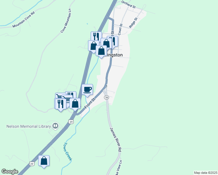 map of restaurants, bars, coffee shops, grocery stores, and more near 14020-14382 James River Rd in Lovingston