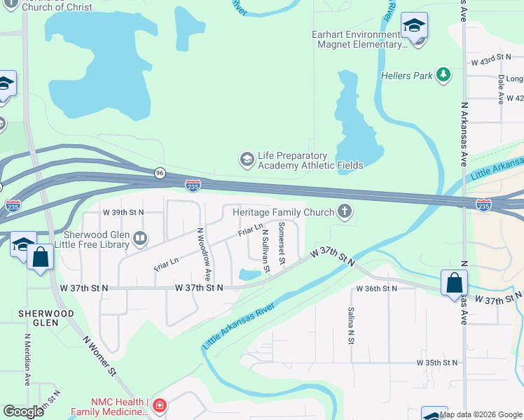 map of restaurants, bars, coffee shops, grocery stores, and more near 1412 West Nottingham Circle in Wichita