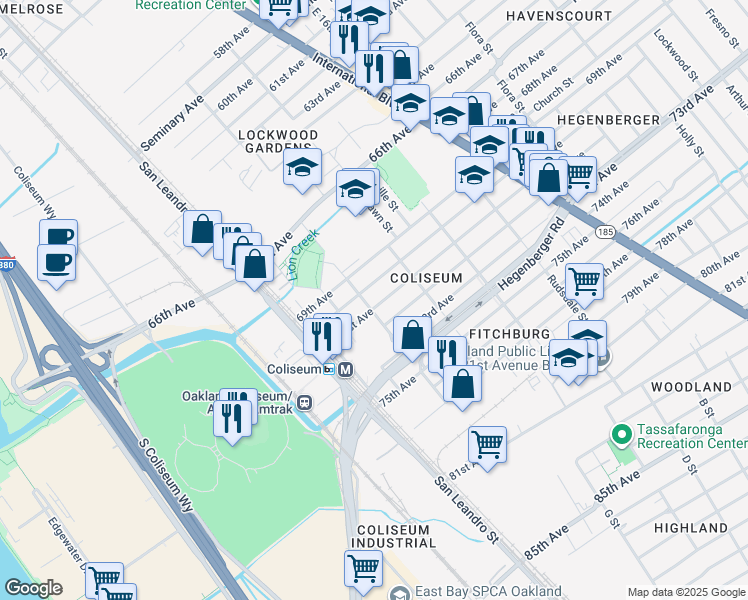 map of restaurants, bars, coffee shops, grocery stores, and more near 901 70th Avenue in Oakland