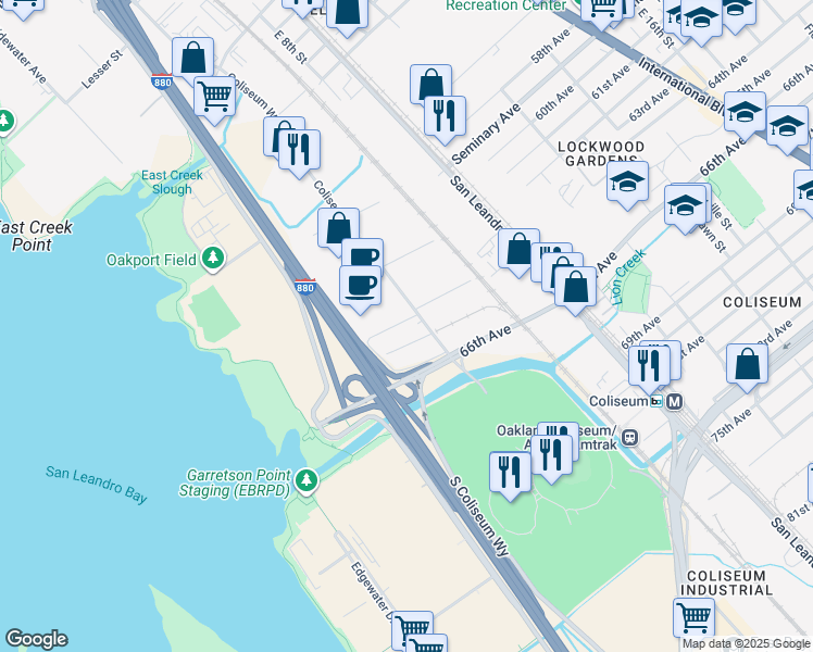 map of restaurants, bars, coffee shops, grocery stores, and more near 711 Independent Road in Oakland