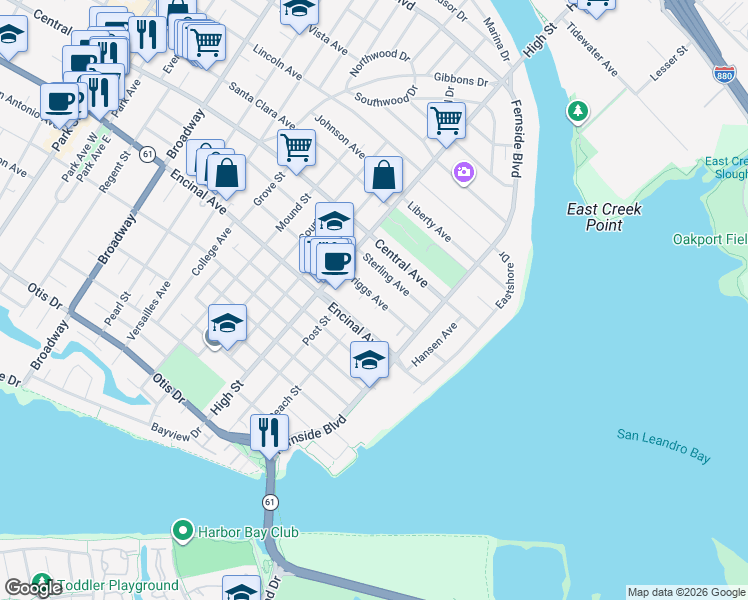 map of restaurants, bars, coffee shops, grocery stores, and more near 3233 Briggs Avenue in Alameda