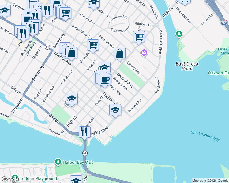 map of restaurants, bars, coffee shops, grocery stores, and more near 3233 Briggs Avenue in Alameda