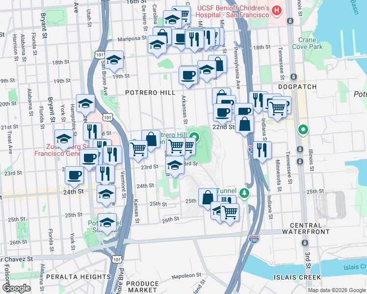 map of restaurants, bars, coffee shops, grocery stores, and more near 863 Wisconsin Street in San Francisco