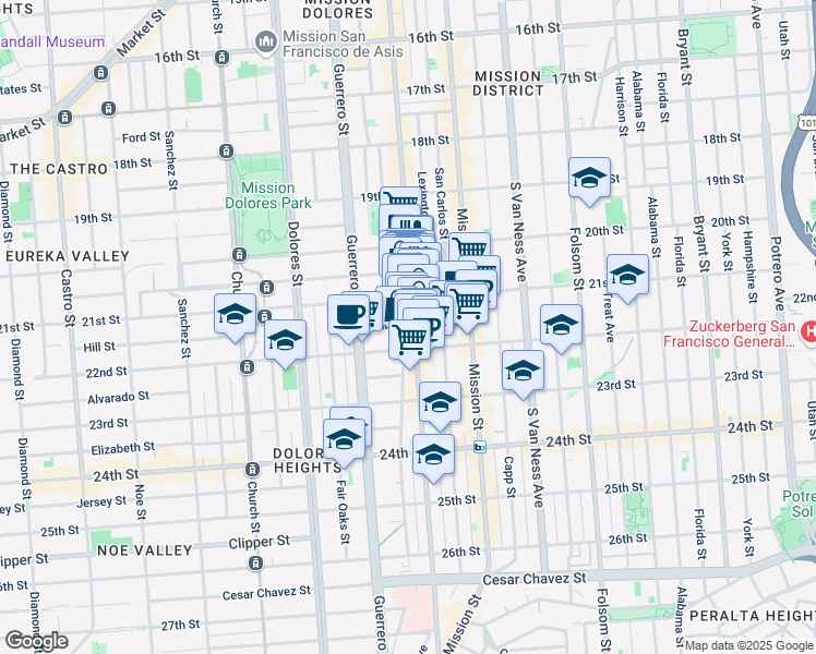map of restaurants, bars, coffee shops, grocery stores, and more near 1014 Valencia Street in San Francisco