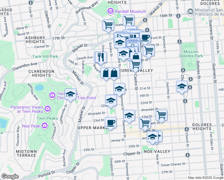 map of restaurants, bars, coffee shops, grocery stores, and more near 369 Eureka Street in San Francisco