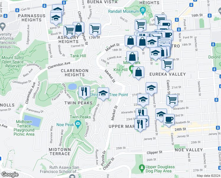map of restaurants, bars, coffee shops, grocery stores, and more near 642 Corbett Avenue in San Francisco