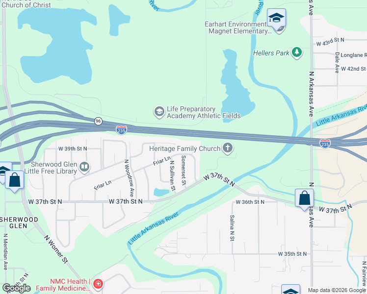 map of restaurants, bars, coffee shops, grocery stores, and more near 1303 West Nottingham Circle in Wichita