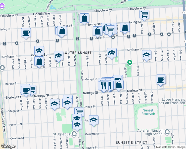 map of restaurants, bars, coffee shops, grocery stores, and more near 1667 34th Avenue in San Francisco