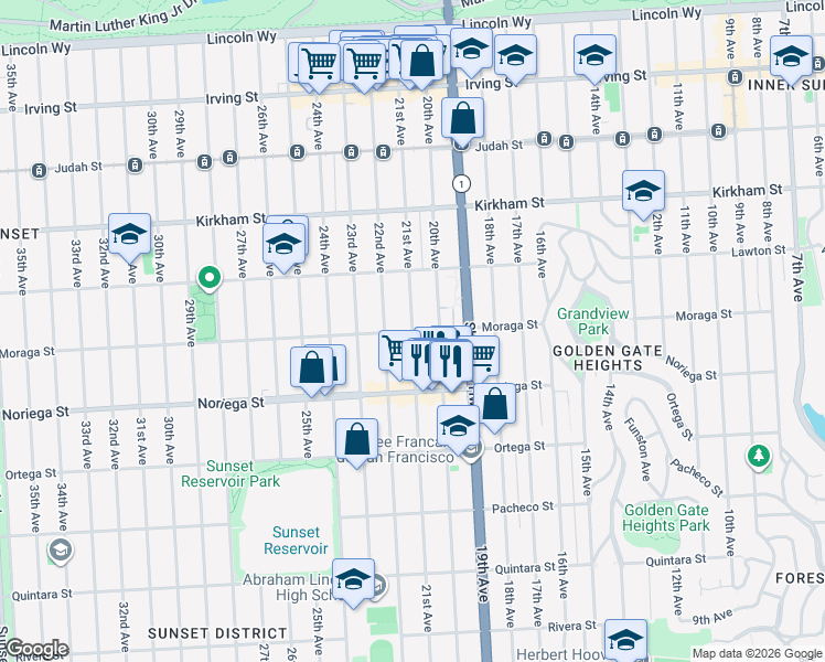 map of restaurants, bars, coffee shops, grocery stores, and more near 21st Avenue & Moraga Street in San Francisco