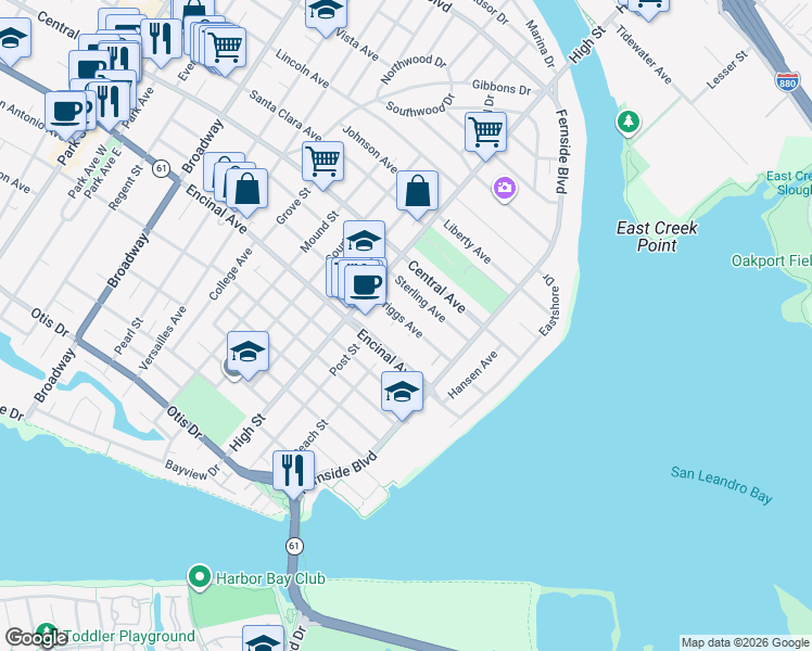 map of restaurants, bars, coffee shops, grocery stores, and more near 3233 Briggs Avenue in Alameda