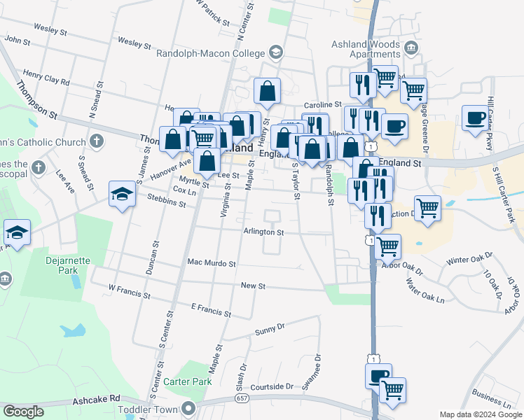 map of restaurants, bars, coffee shops, grocery stores, and more near 116 Arlington Square in Ashland