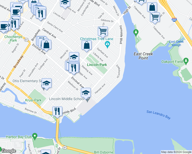 map of restaurants, bars, coffee shops, grocery stores, and more near 3277 Sterling Avenue in Alameda