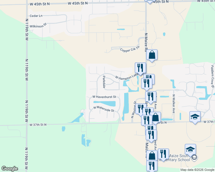 map of restaurants, bars, coffee shops, grocery stores, and more near 10844 West Jamesport Drive in Maize