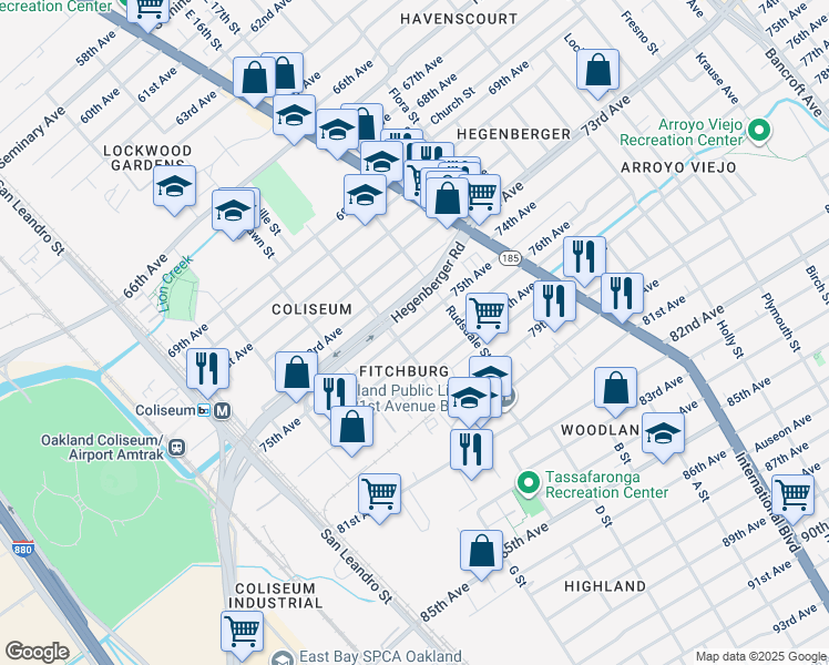 map of restaurants, bars, coffee shops, grocery stores, and more near 1118 75th Avenue in Oakland