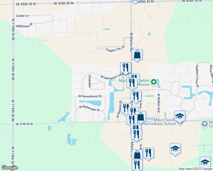 map of restaurants, bars, coffee shops, grocery stores, and more near 4020 North Manchester Street in Maize