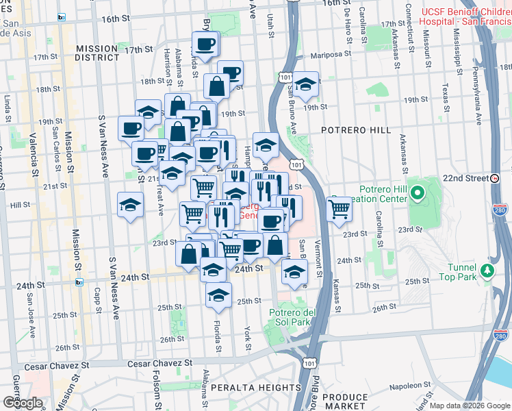map of restaurants, bars, coffee shops, grocery stores, and more near 2637 22nd Street in San Francisco