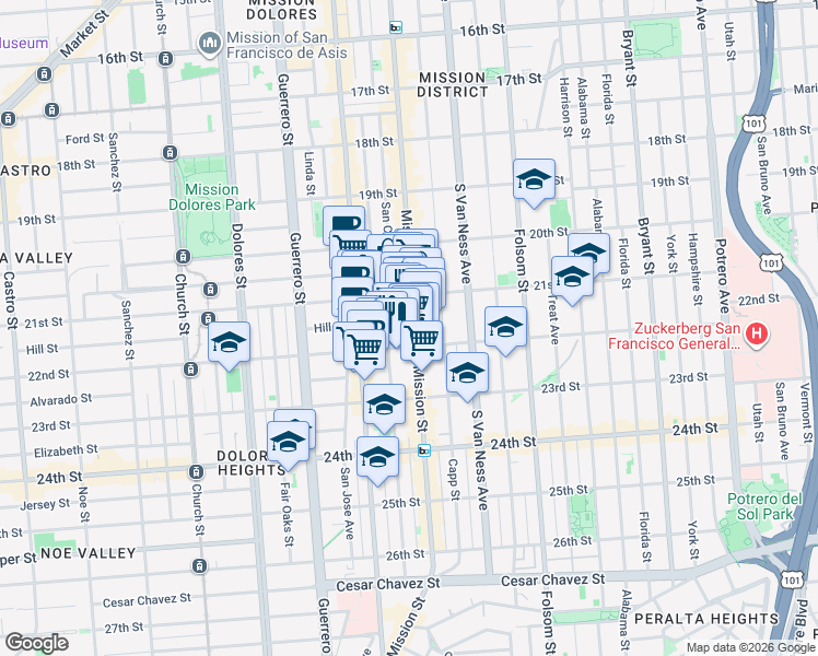 map of restaurants, bars, coffee shops, grocery stores, and more near 2558 Mission Street in San Francisco