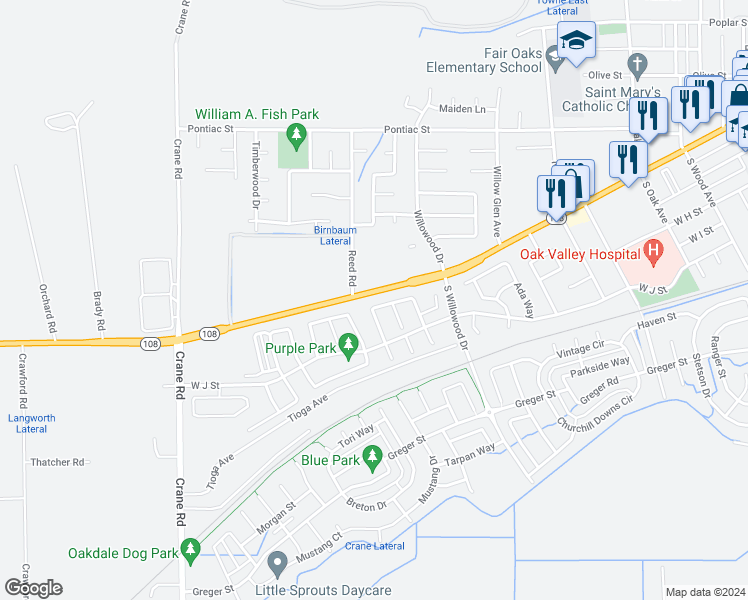 map of restaurants, bars, coffee shops, grocery stores, and more near 2174 Alberto Way in Oakdale